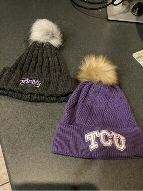TCU set of 2 Pom Beanie Knit Hat - Purple and Charcoal
